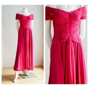 Vintage Pink Gathered Ruched Bodice Off The Shoulder Chiffon Gown w rhinestones
